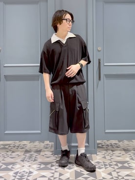 「RAGEBLUE（レイジブルー）のDOCKING SKIPPER KNIT POLO SHIRTS/ドッキングスキッパーニットポロシャツ（ポロシャツ、ブラック系）」を使った、はいねさん（メンズ・165cm）の夏コーディネート