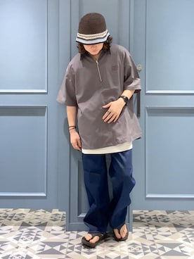 「アイテム（ハット、ブラウン系）」を使った、はいねさん（メンズ・165cm）の夏コーディネート