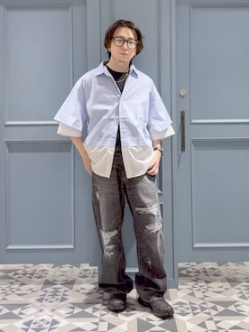 「RAGEBLUE（レイジブルー）のDISTRESSED STRAIGHT DENIM PANTS/ダメージデニムストレートパンツ（デニムパンツ、ブラック系）」を使った、はいねさん（メンズ・165cm）の夏コーディネート