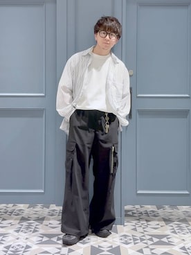 「RAGEBLUE（レイジブルー）のLight TR Cargo Easy Wide Slacks/ライトTRカーゴイージースラックス（スラックス、ブラック系）」を使った、はいねさん（メンズ・165cm）の春コーディネート