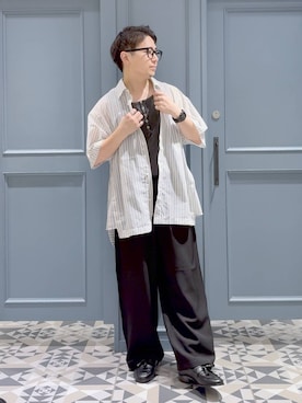 「RAGEBLUE（レイジブルー）のSIDE PLEATED WIDE STRAIGHT PANTS/サイドプリーツワイドストレートスラックス（スラックス、ブラック系）」を使った、はいねさん（メンズ・165cm）の夏コーディネート