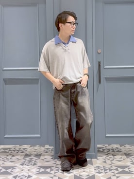 「RAGEBLUE（レイジブルー）のDOCKING SKIPPER KNIT POLO SHIRTS/ドッキングスキッパーニットポロシャツ（ポロシャツ、グレー系）」を使った、はいねさん（メンズ・165cm）の夏コーディネート