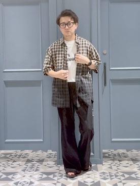 「RAGEBLUE（レイジブルー）のGRADATION CHECK OVERSIZED SHIRTS/グラデーションチェック/オーバーサイズシャツ（シャツ/ブラウス、ブラック系）」を使った、はいねさん（メンズ・165cm）の夏コーディネート
