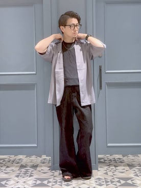 「RAGEBLUE（レイジブルー）のBACK CHAIN SATIN OPEN COLLAR SHIRTS/バックチェーンサテンカイキンシャツ（シャツ/ブラウス、グレー系）」を使った、はいねさん（メンズ・165cm）の夏コーディネート