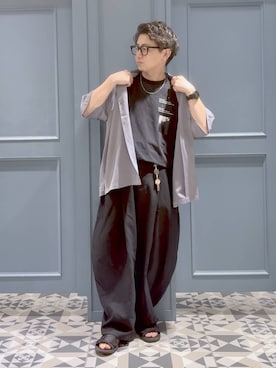 「RAGEBLUE（レイジブルー）のBACK CHAIN SATIN OPEN COLLAR SHIRTS/バックチェーンサテンカイキンシャツ（シャツ/ブラウス、グレー系）」を使った、はいねさん（メンズ・165cm）の夏コーディネート