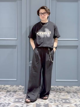 「RAGEBLUE（レイジブルー）の＜接触冷感＞COOL FEELING TR WIDE STRAIGHT SLACKS/TRワイドストレートスラックス（スラックス、ブラック系）」を使った、はいねさん（メンズ・165cm）の夏コーディネート