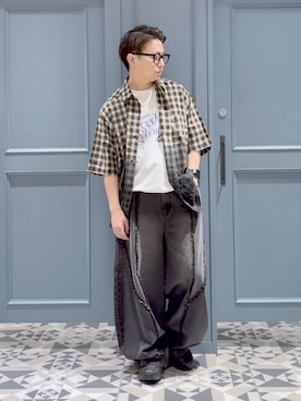 「RAGEBLUE（レイジブルー）のGRADATION CHECK OVERSIZED SHIRTS/グラデーションチェック/オーバーサイズシャツ（シャツ/ブラウス、ブラック系）」を使った、はいねさん（メンズ・165cm）の夏コーディネート