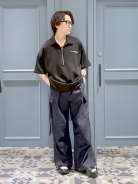 「RAGEBLUE（レイジブルー）のONEPOINT DESIGN HALF ZIP TSHIRTS/ ワンポイントデザイン/ハーフジップTシャツ（Tシャツ/カットソー、ブラック系）」を使った、はいねさん（メンズ・165cm）の夏コーディネート