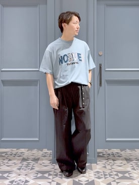 「RAGEBLUE（レイジブルー）の【接触冷感】EYELET BELT TR STRAIGHT WIDE SLACKS / アイレットベルト付き/TRワイドスラックス（Trousers、ブラック系）」を使った、はいねさん（メンズ・165cm）の秋コーディネート