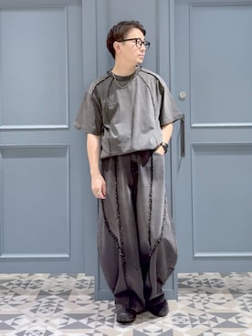 「RAGEBLUE（レイジブルー）のARCH FRINGE DENIM BARREL BUGGY PANTS/アーチフリンジデニムバレルバギーパンツ（デニムパンツ、ブラック系）」を使った、はいねさん（メンズ・165cm）の夏コーディネート
