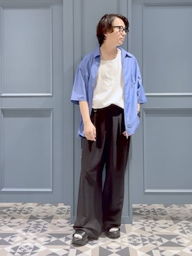 「RAGEBLUE（レイジブルー）の＜接触冷感＞COOL FEELING TR WIDE STRAIGHT SLACKS/TRワイドストレートスラックス（スラックス、ブラック系）」を使った、はいねさん（メンズ・165cm）の夏コーディネート