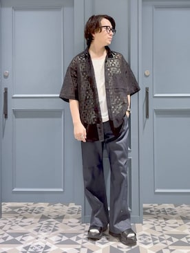 「RAGEBLUE（レイジブルー）のDESIGN LACE KNITTING SHIRTS/デザインレース柄シャツ（シャツ/ブラウス、ブラック系）」を使った、はいねさん（メンズ・165cm）の夏コーディネート