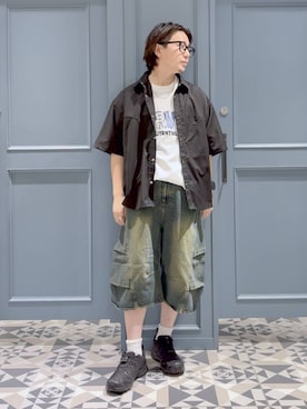 「RAGEBLUE（レイジブルー）の3D CURVE LONG HALF DENIM PANTS/3Dカーブロングハーフデニムパンツ（デニムパンツ、ブルー系）」を使った、はいねさん（メンズ・165cm）の夏コーディネート