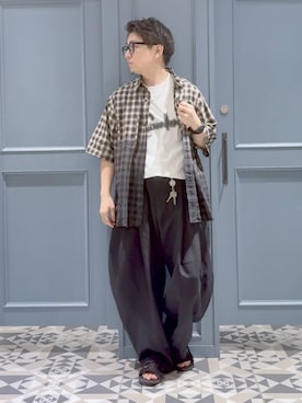 「RAGEBLUE（レイジブルー）のGRADATION CHECK OVERSIZED SHIRTS/グラデーションチェック/オーバーサイズシャツ（シャツ/ブラウス、ブラック系）」を使った、はいねさん（メンズ・165cm）の夏コーディネート