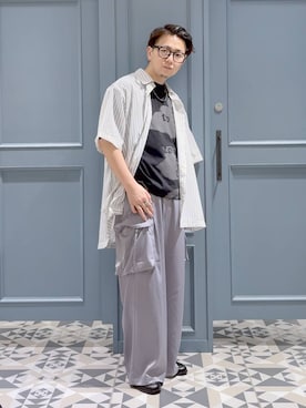 「RAGEBLUE（レイジブルー）の【接触冷感/吸水速乾】FLORAL PRINT T-SHIRTS/フラワープリントＴシャツ（Tシャツ/カットソー、ブラック系）」を使った、はいねさん（メンズ・165cm）の夏コーディネート