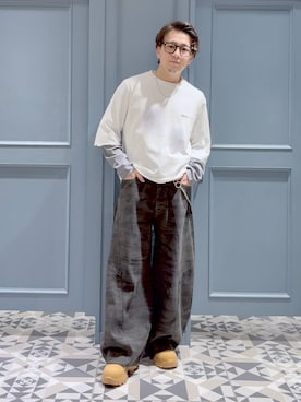 「アイテム（デニムパンツ、グリーン系）」を使った、はいねさん（メンズ・165cm）の秋コーディネート