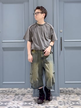 「RAGEBLUE（レイジブルー）の3D CURVE LONG HALF DENIM PANTS/3Dカーブロングハーフデニムパンツ（デニムパンツ、ブルー系）」を使った、はいねさん（メンズ・165cm）の夏コーディネート