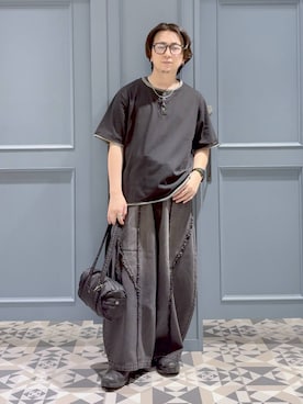 「RAGEBLUE（レイジブルー）のHENLEY NECK FAKE LAYERED T-SHIRTS/フェイクレイヤードヘンリーネックTシャツ（Tシャツ/カットソー、ブラック系）」を使った、はいねさん（メンズ・165cm）の夏コーディネート
