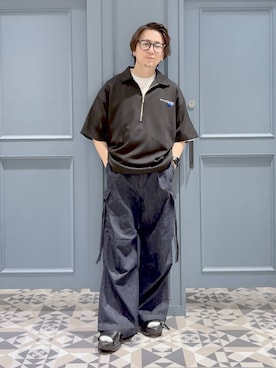 「RAGEBLUE（レイジブルー）のONEPOINT DESIGN HALF ZIP TSHIRTS/ ワンポイントデザイン/ハーフジップTシャツ（Tシャツ/カットソー、ブラック系）」を使った、はいねさん（メンズ・165cm）の夏コーディネート