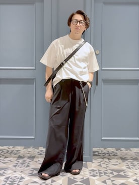 「RAGEBLUE（レイジブルー）の＜接触冷感＞COOL FEELING TR WIDE STRAIGHT SLACKS/TRワイドストレートスラックス（スラックス、ブラック系）」を使った、はいねさん（メンズ・165cm）の夏コーディネート
