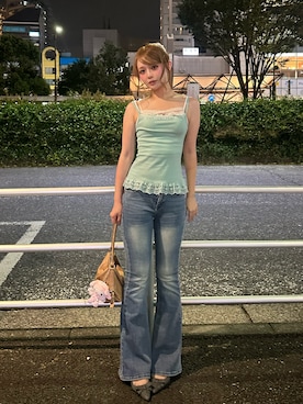「THEAIRTOWN（ジエアタウン）のatto lace top（キャミソール、グリーン系）」を使った、タカハシモエさん（レディース・162cm）の夏コーディネート