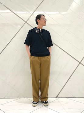 「FORK&SPOON（フォークアンドスプーン）のFORK&SPOON　マルチボーダーTシャツ（Tシャツ/カットソー、レッド系）」を使った、山﨑 亮太さん（メンズ・172cm）の夏コーディネート