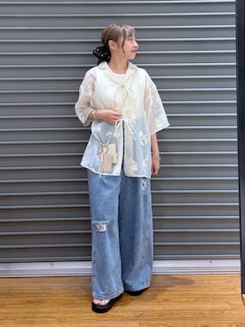「LEPSIM（レプシィム）のベルトバックルクッションサンダル　638815（サンダル、ホワイト系）」を使った、daharalepsimさん（レディース・151cm）の夏コーディネート