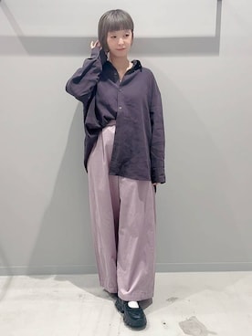 「GLOBAL WORK（グローバルワーク）のフィブリルシャツ長袖/1048955（シャツ/ブラウス、グレー系）」を使った、yochiko713さん（レディース・148cm）の秋コーディネート