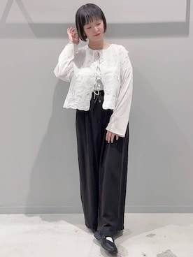 「GLOBAL WORK（グローバルワーク）のフレンチリネンワイドパンツ/600996（その他パンツ、ブラック系）」を使った、yochiko713さん（レディース・148cm）の夏コーディネート