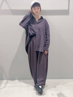 「GLOBAL WORK（グローバルワーク）のフィブリルシャツ長袖/1048955（シャツ/ブラウス、グレー系）」を使った、yochiko713さん（レディース・148cm）の秋コーディネート