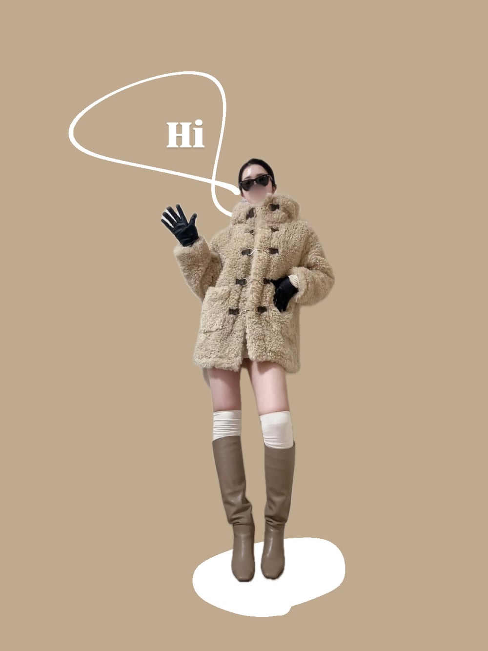 「冬コーデ、おしゃれさんと繋がりたい、もこもこ、ブーツ、着回しコーデ、カラーコーデ、大人かわいい、モード、コート、ベージュ、ミニスカート、ロングブーツ、instagram、ootd、大人コーデ」｜「Mila Owenのアイテム（ブーツ、ベージュ系）」を使った、RaBBiさん（レディース・162cm）の冬コーディネートの1枚目の写真