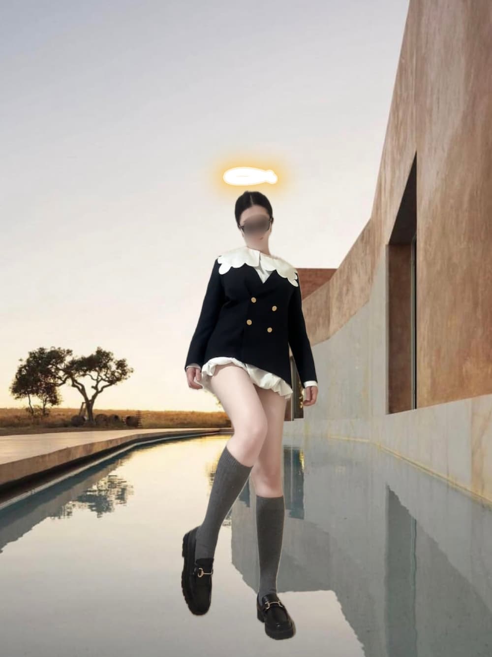 「サングラス、ミニスカート、バルーンスカート、襟、ジャケット、ソックス、スクールガール、ローファー、instagram、おしゃれさんと繋がりたい、シンプルスタイル、大人ガーリー、大人コーデ、大人かわいい、モード」｜「POLO RALPH LAURENのアイテム（ソックス/靴下、グレー系）」を使った、RaBBiさん（レディース・162cm）の春コーディネートの1枚目の写真