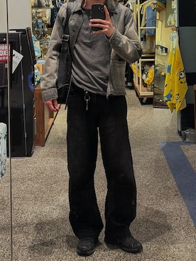 「LIDNM（リドム）のFog Washed Chore Jacket（デニムジャケット、ブラック系）」を使った、凪さん（メンズ・172cm）の春コーディネート