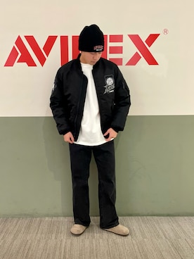 「AVIREX（アヴィレックス）のアイテム（ニットキャップ/ビーニー）」を使った、REIMAさん（メンズ・172cm）の冬コーディネート