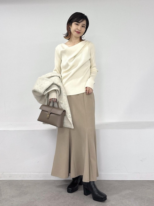 【1回のみ着用美品】ストライプ オフショルダー セーター 美得】もちもちドレープオフショルダーリブニット/イージーケア