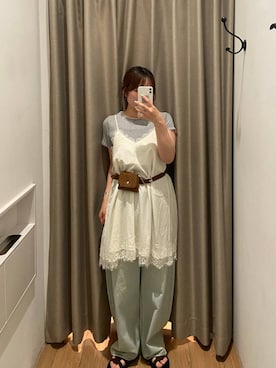 「LOWRYS FARM（ローリーズファーム）のワイドストレートデニムパンツ　607883（デニムパンツ、ブルー系）」を使った、kumadayoooさん（レディース）の夏コーディネート