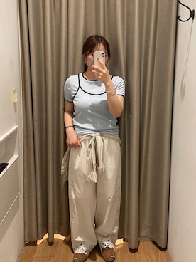「LOWRYS FARM（ローリーズファーム）のハイショク２ＰプルオーバーＳＳ 638386（Tシャツ/カットソー、ブルー系）」を使った、kumadayoooさん（レディース）の春コーディネート