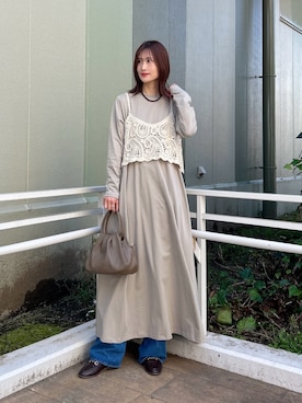 「SMELLY（スメリー）のステンレスカラーボールビーズネックレス（ネックレス、レッド系）」を使った、ERIKAさん（レディース・161cm）の春コーディネート