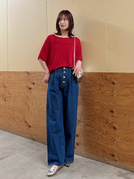 「ITEMS URBANRESEARCH（アイテムズ アーバンリサーチ）のショート半袖ニット（ニット/セーター、レッド系）」を使った、ERIKAさん（レディース・161cm）の春コーディネート