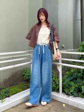 「ITEMS URBANRESEARCH（アイテムズ アーバンリサーチ）のブロックレースシャツ（シャツ/ブラウス、ブラウン系）」を使った、ERIKAさん（レディース・161cm）の夏コーディネート