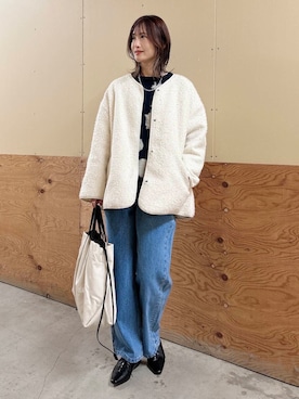 「アイテム（ノーカラーコート、ホワイト系）」を使った、ERIKAさん（レディース・161cm）の冬コーディネート