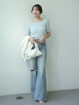 「anuans（アニュアンス）のダメージワイドデニム（デニムパンツ、ブルー系）」を使った、ánuansさん（レディース・162cm）の夏コーディネート