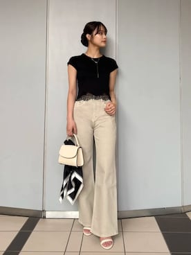 「anuans（アニュアンス）の【0サイズあり】Wide leg denim（デニムパンツ、ベージュ系）」を使った、ánuansさん（レディース・162cm）の夏コーディネート