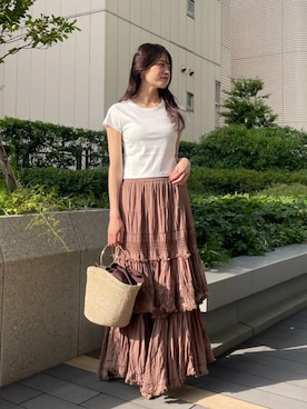 「anuans（アニュアンス）のシルクタッチコットンクロップドTシャツ（Tシャツ/カットソー、ホワイト系）」を使った、ánuansさん（レディース・162cm）の夏コーディネート