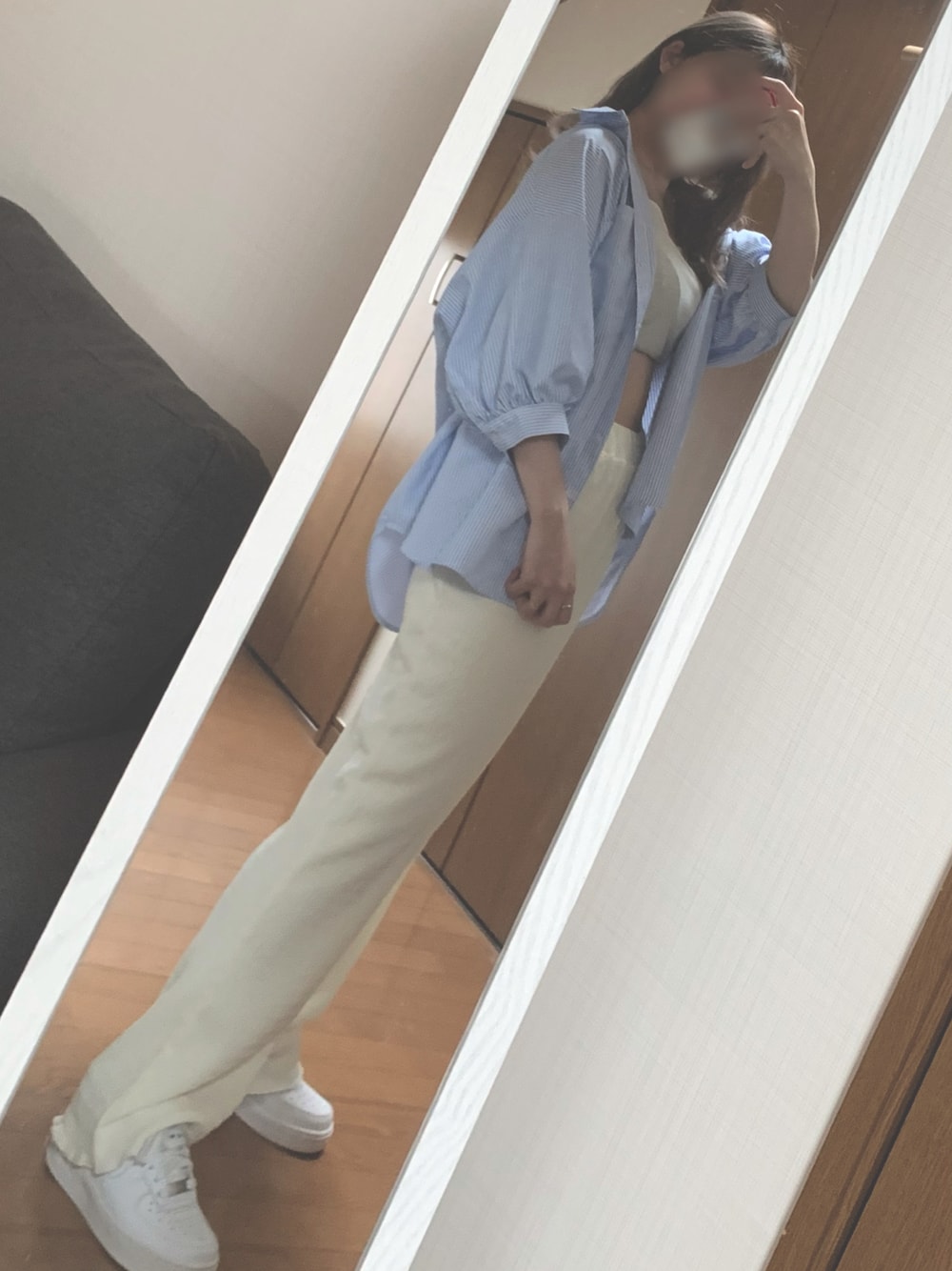 「休日コーデ、えだコーデしまむら、シンプル、夏コーデ、低身長、低身長コーデ、低身長女子、150cm、150cmコーデ、しまむら、エアフォースワン、asknowasplus、シャツスタイル、シャツ、シャツコーデ」｜「AS KNOW AS plusの●Wポケットシンプル5分袖シャツ（シャツ/ブラウス、ブルー系）」を使った、ばにら🐰🔥さん（レディース・150cm）の夏コーディネートの1枚目の写真