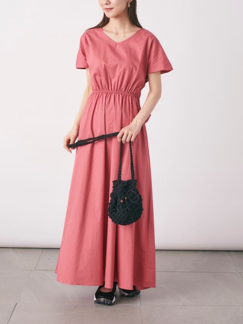 美品 シビラ 半袖ワンピース ウエストリボン紐 麻×シルク L ピンク セール】おおきなリボンで大人可愛く。【SETUP7】ウエストリボン半袖