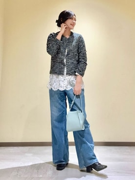 「INDIVI（インディヴィ）の【セレモニー／洗える】ミックスツイードライトジャケット（ノーカラージャケット、ブルー系）」を使った、ayaさん（レディース・170cm）の冬コーディネート