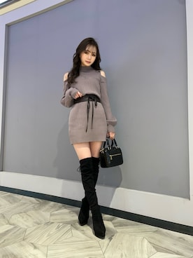 「オープンショルダー」｜「アイテム（ブーツ）」を使った、maiさん（レディース・158cm）の冬コーディネート