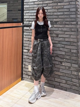 「PAGEBOY（ページボーイ）のモードバックルベルト3（ベルト、ブラック系）」を使った、misakiさん（レディース・166cm）の夏コーディネート