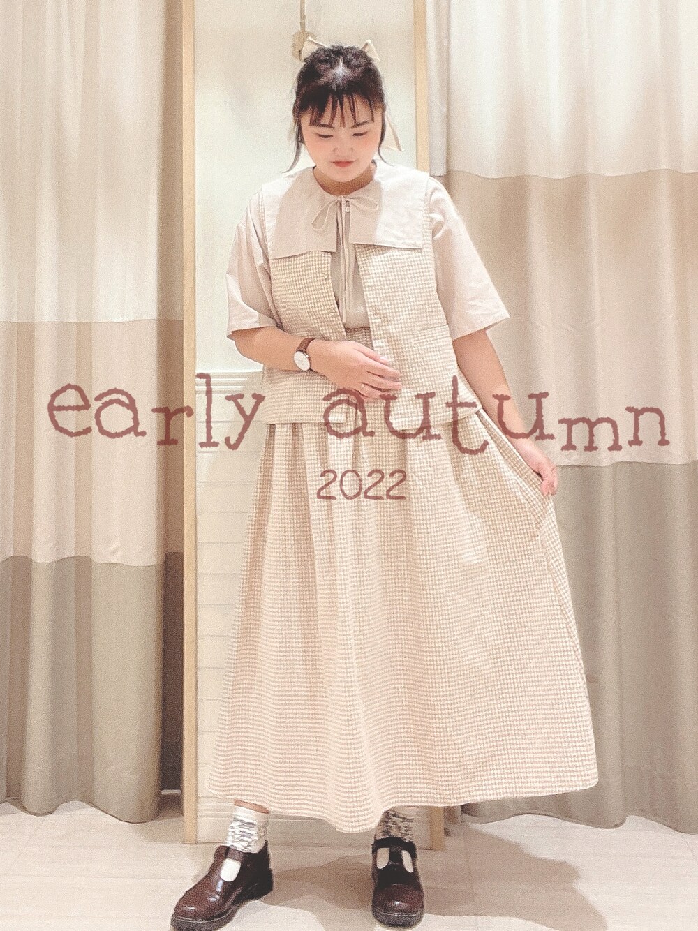 「early autumn、autumn、大人カジュアル、大人ガーリー、オトナ女子、ゆるコーデ、新作、ギンガムチェック、セットアップ、SM2、SM2 keittio イオンタウン富士南店、サマンサ モスモス(Samansa Mos2)、おしゃれさんと繋がりたい、お洒落さんとつながりたい」｜「Samansa Mos2のギンガムチェックスカート（スカート、ベージュ系）」を使った、🌷○° おまゆさん（レディース・163cm）の夏コーディネートの1枚目の写真